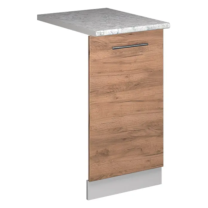 Geschirrspülblende Fame-Line 45 cm Goldkraft Eiche Art.-Nr. 54598 -  - Küchenunterschrank mit heller Holzoptikfront, horizontalem Metallgriff, grauer Marmor-Arbeitsplatte und grauem Sockel.