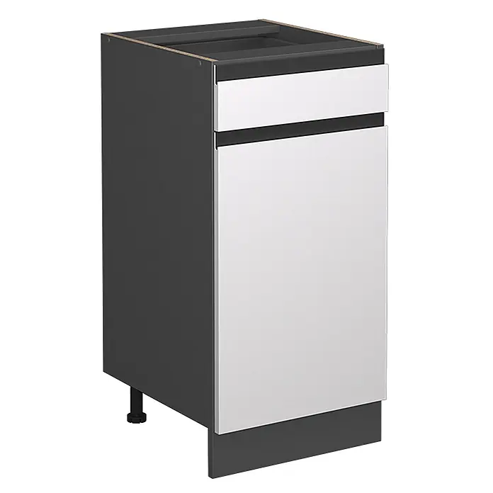 Küchenfront R-Line 39.6 cm Weiß Art.-Nr. 39518 -  - Dunkelgrauer Küchenunterschrank mit hellgrauer Schublade und Türfront, auf verstellbaren Füßen mit Sockelblende.