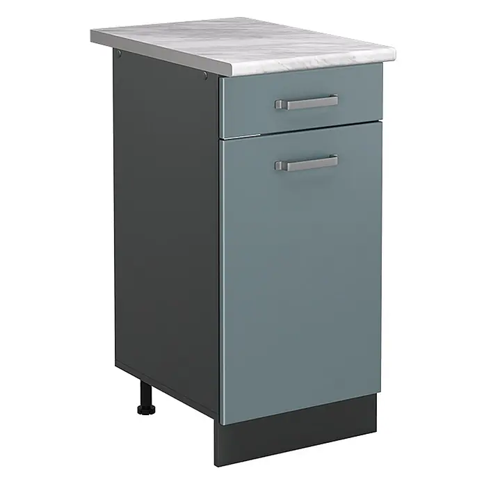 Küchenunterschrank R-Line 40 cm Blau-Grau Art.-Nr. 61064 -  - Graublauer Küchenunterschrank mit heller Marmor-Arbeitsplatte, einer Schublade und einer Tür mit silbernen Griffen, sowie einer dunkelgrauen Seitenwand.