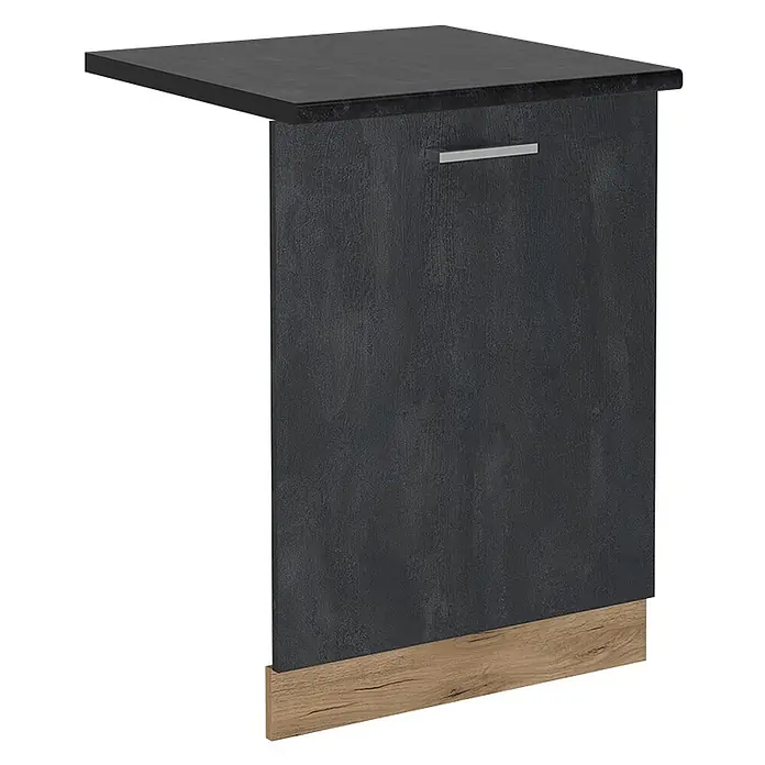 Geschirrspülblende R-Line 60 cm Schwarz Beton Art.-Nr. 55097 -  - Dunkelgraue Schrankeinheit mit schwarzer Arbeitsplatte, silbernem Griff und heller Holzoptik-Sockelleiste.