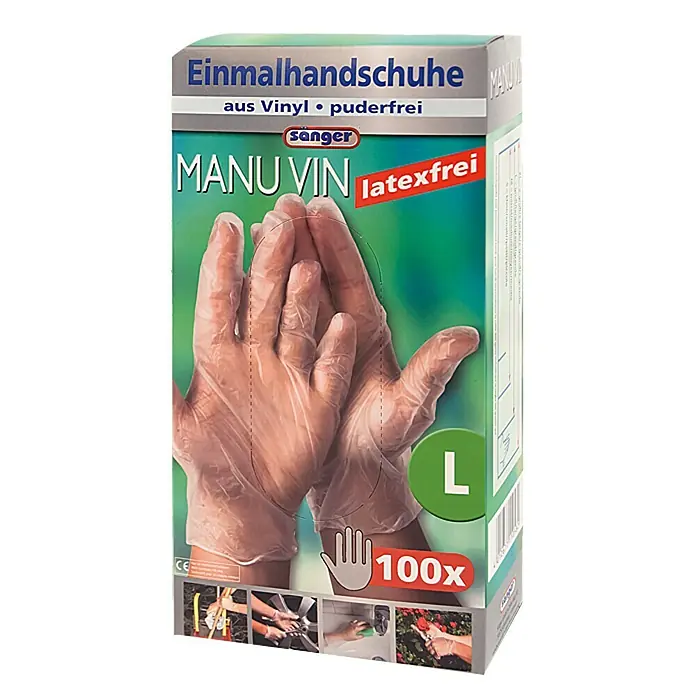Sänger Einmalhandschuhe Manu Vin - L, Transparent, Vinyl, 100 Stk. - Eine Packung Manu Vin Einmalhandschuhe aus Vinyl, puderfrei, latexfrei, Größe L, 100 Stück.