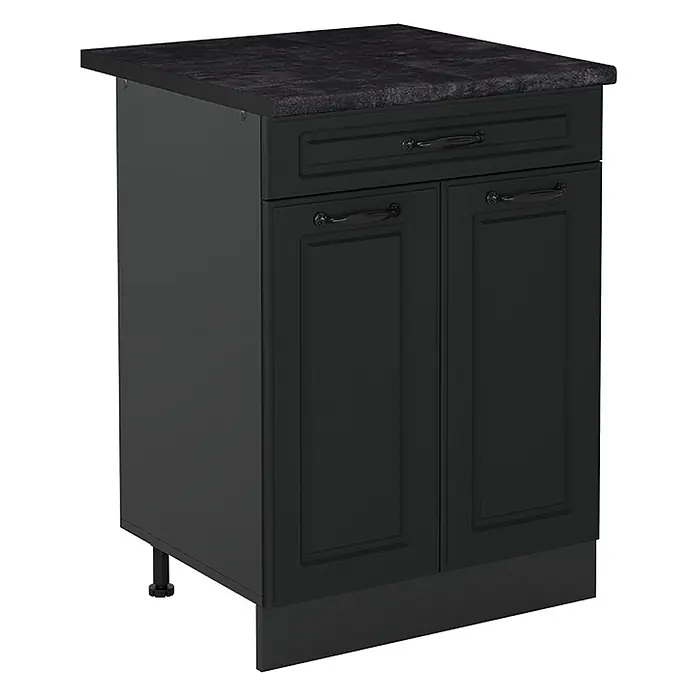 Küchenunterschrank R-Line 60 cm Anthrazit Landhaus Art.-Nr. 61078 -  - Schwarzer Küchenunterschrank mit strukturierter dunkler Arbeitsplatte, einer Schublade und zwei Türen.