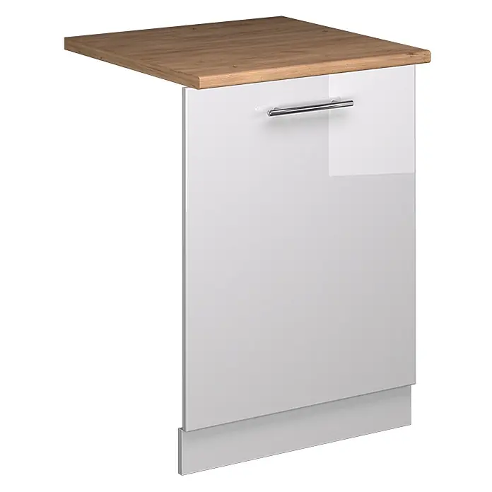 Geschirrspülblende Fame-Line 60 cm Weiß Hochglanz Art.-Nr. 54825 -  - Weißer Hochglanz-Küchenunterschrank mit heller Holzplatte und silbernem Griff, mit Sockelleiste.