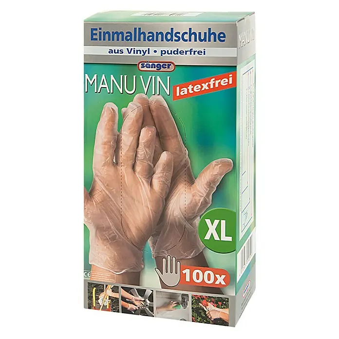 Sänger Einmalhandschuhe Manu Vin - XL, Transparent, Vinyl, 100 Stk. - Eine Packung Einmalhandschuhe "Manu Vin" aus Vinyl, puderfrei und latexfrei in Größe XL mit 100 Stück Inhalt.
