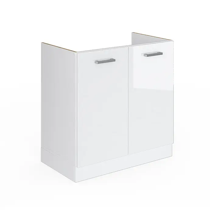 Küchenfront R-Line 79.2 cm Weiß Hochglanz Art.-Nr. 34635 -  - Weißer Hochglanz-Unterschrank mit zwei Türen, silbernen Griffen und Wandausschnitt für Rohre.