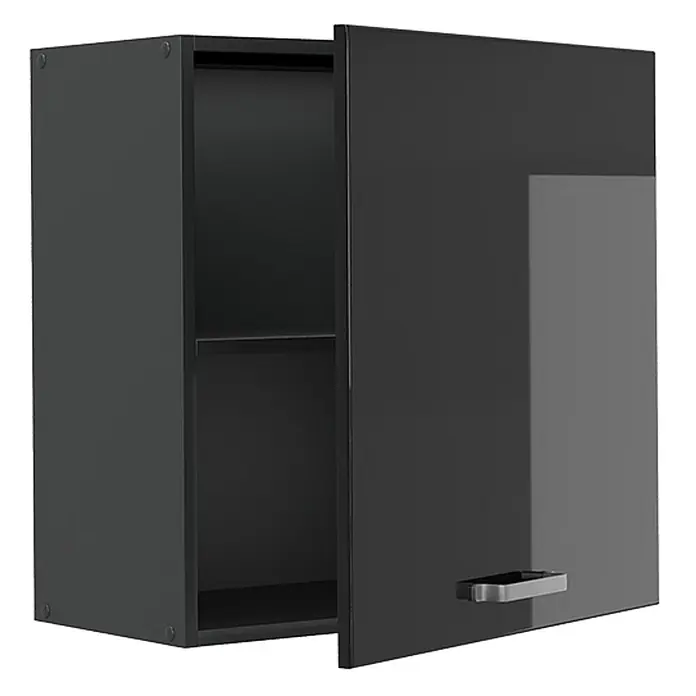 Hängeschrank R-Line 60 cm Schwarz Hochglanz Art.-Nr. 65797 -  - Schwarzer, glänzender Wandschrank mit leicht geöffneter Tür, der ein Innenregal und einen silbernen Griff zeigt.