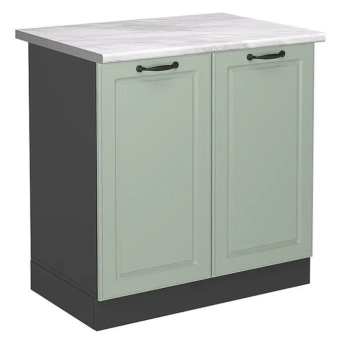 Spülenunterschrank R-Line 80 cm Mint Landhaus Art.-Nr. 71143 -  - Hellgrüner zweitüriger Schrank mit schwarzen Griffen, dunkelgrauen Seiten und weißer Marmor-Arbeitsplatte.