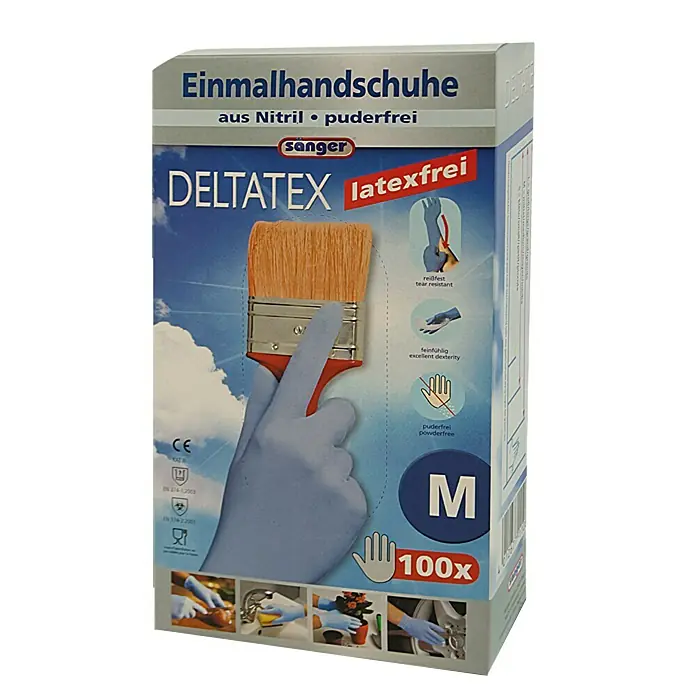 Sänger Einmalhandschuhe Deltatex - M, Blau, Nitril, 100 Stk. - Ein Karton Einmalhandschuhe aus Nitril, puderfrei von Sänger, Größe M, ideal für vielfältige Anwendungen im Haushalt und Gewerbe.