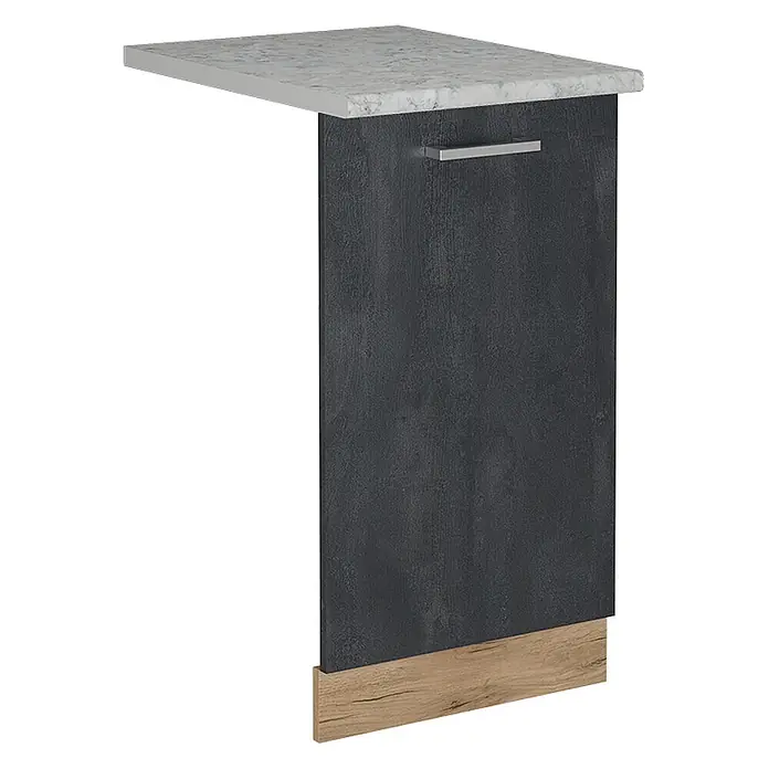 Geschirrspülblende R-Line 45 cm Schwarz Beton Art.-Nr. 55093 -  - Kücheninselerweiterung mit hellgrauer Marmorplatte, dunkelgrauem Strukturschrank und hellem Holzsockel mit Silbergriff.