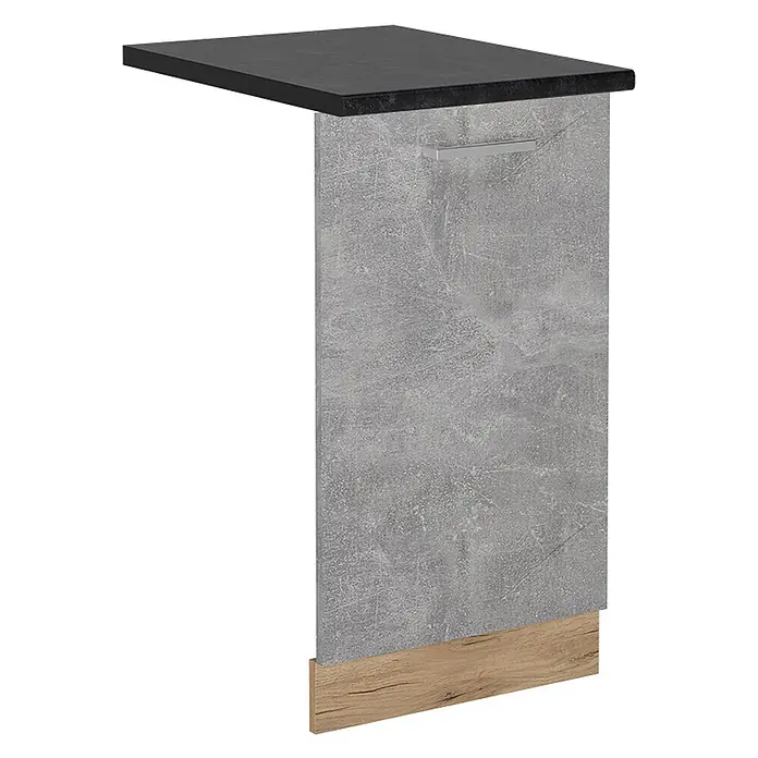 Geschirrspülblende R-Line 45 cm Beton Art.-Nr. 55044 -  - Küchenarbeitsplattenelement mit schwarzer Platte, grauem Beton-Paneel und Holzsockel. Mit silbernem Griff.