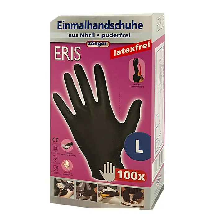 Sänger Einmalhandschuhe Eris - L, Schwarz, Nitril, 100 Stk. - Eine Schachtel ERIS Einmalhandschuhe aus Nitril, puderfrei, latexfrei, Größe L, 100 Stück. Reißfest und bieten ausgezeichnete Fingerfertigkeit.