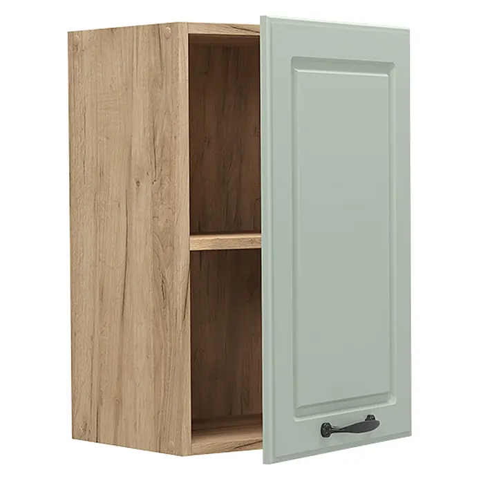 Hängeschrank R-Line 40 cm Mint Landhaus Art.-Nr. 71258 -  - Wandschrank mit heller Holzmaserung, salbeigrüner Tür und schwarzem Griff, teilweise geöffnet mit Einlegeboden.