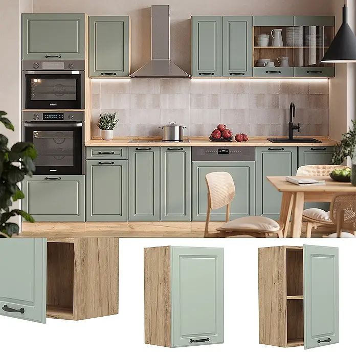 Hängeschrank R-Line 40 cm Mint Landhaus Art.-Nr. 71258 -  - Modulare Küchenschränke mit hellgrünen Türen, Holzmaserungs-Innenausstattung und schwarzen Griffen, gezeigt in einer modernen Küche.