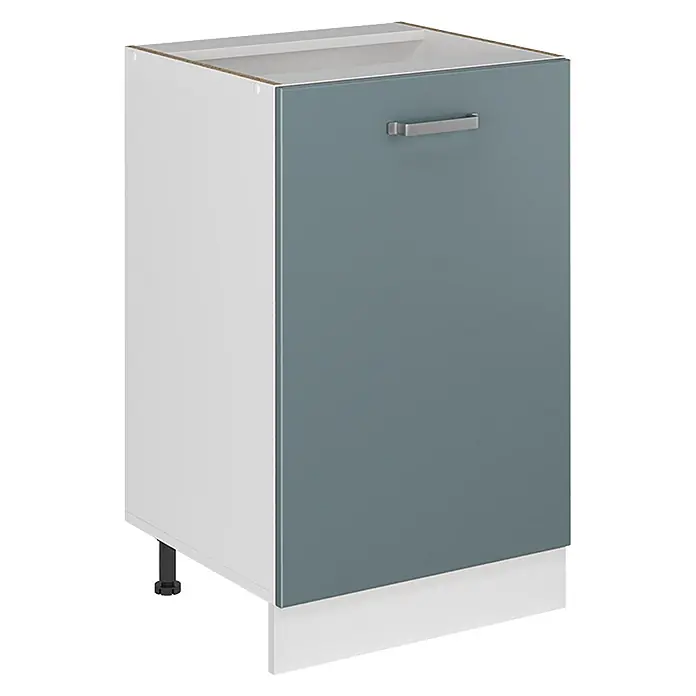 Küchenunterschrank R-Line 50 cm Blau-Grau Art.-Nr. 70147 -  - Weißer Küchenunterschrank mit graublauer Tür, silbernem Griff und Sockelblende.