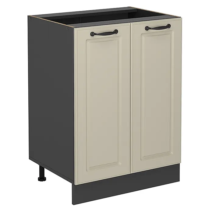 Küchenunterschrank R-Line 60 cm Sand Landhaus Art.-Nr. 71128 -  - Cremefarbener Küchenunterschrank mit zwei Türen, dunkelgrauem Korpus, schwarzen Griffen und Sockel.