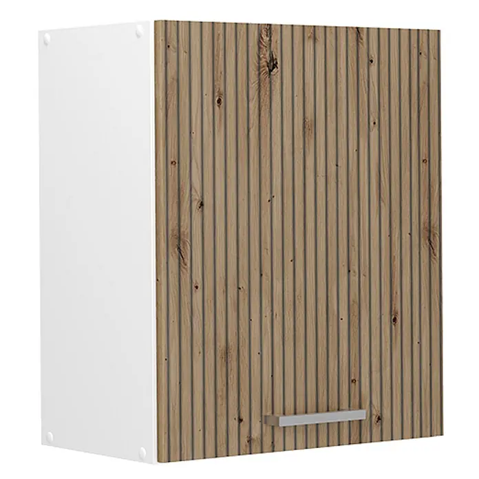 Hängeschrank R-Line 50 cm Artisan-Eiche Art.-Nr. 70018 -  - Weißer Wandschrank mit gerippter Holzfront und silbernem Griff.