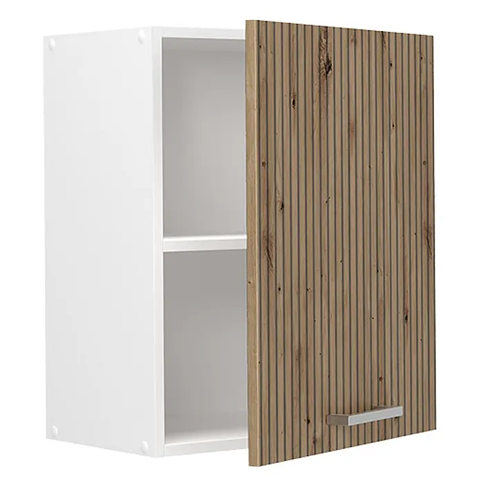 Hängeschrank R-Line 50 cm Artisan-Eiche Art.-Nr. 70018 -  - Weißer Wandschrank mit offener, gerippter Holztür, einem Einlegeboden und silbernem Griff.
