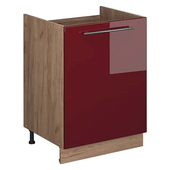 Spülenunterschrank Fame-Line 60 cm Bordeaux Hochglanz Art.-Nr. 63379 -  - Küchenunterschrank mit glänzend weinroter Tür, Holzdekorseiten und Metallgriff.