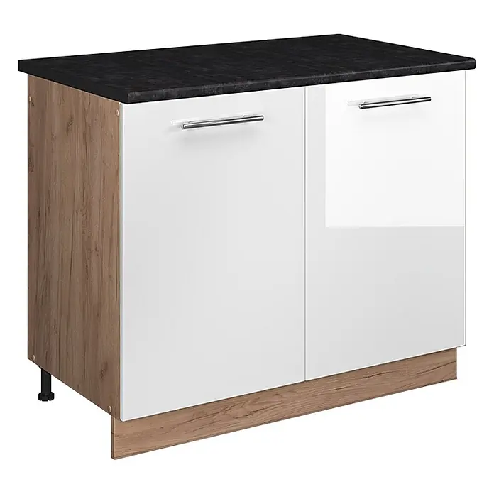 Spülenunterschrank Fame-Line 100 cm Weiß Hochglanz Art.-Nr. 61974 -  - Küchenunterschrank mit schwarzer Arbeitsplatte, weißen Hochglanztüren und Eiche-Effekt-Seiten. Mit zwei Chromgriffen.