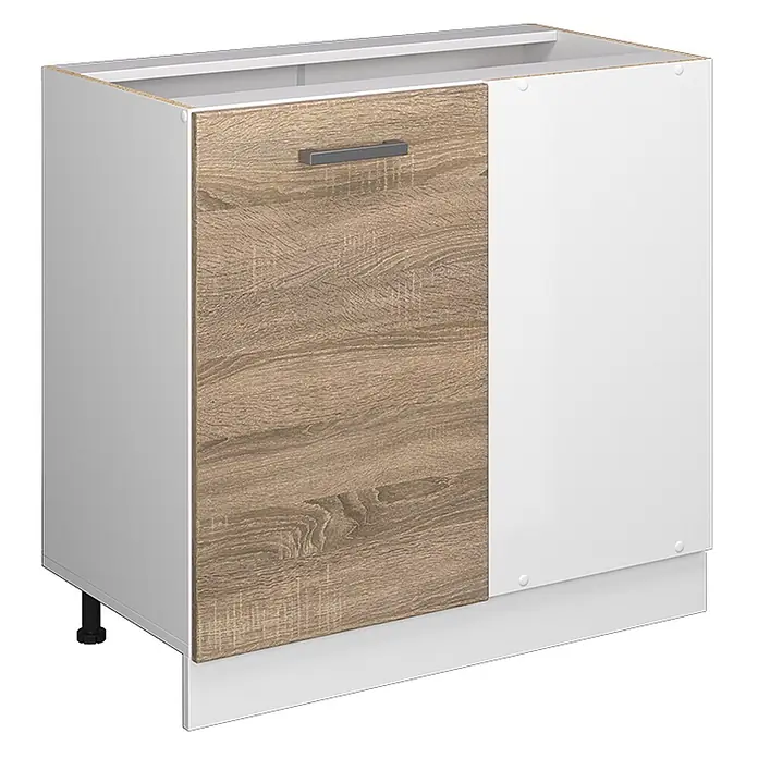 Küchenfront R-Line 39.6 cm Sonoma Art.-Nr. 37356 -  - Weißer Küchenunterschrank mit Holzoptik-Schublade und weißer Türfront, silbernem Griff und verstellbaren Füßen.
