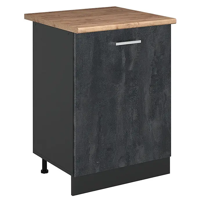 Küchenunterschrank R-Line 60 cm Schwarz Beton Art.-Nr. 72064 -  - Dunkelgrauer strukturierter Küchenunterschrank mit Holz-Arbeitsplatte und silbernem Griff.