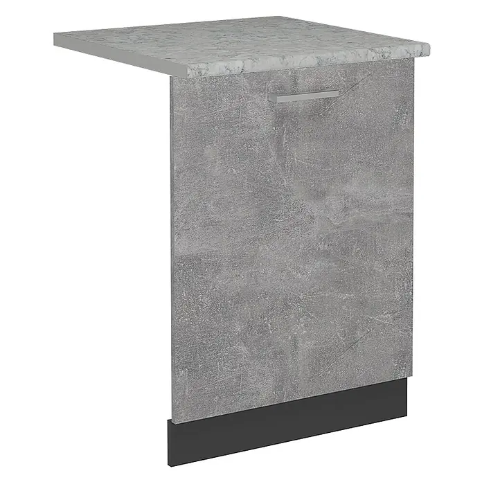 Geschirrspülblende R-Line 60 cm Beton Art.-Nr. 55023 -  - Grauer Küchenunterschrank in Betonoptik mit Marmor-Arbeitsplatte, silbernem Griff und dunklem Sockel.