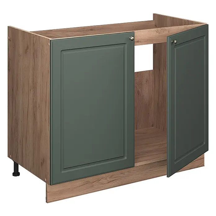 Spülenunterschrank Fame-Line 100 cm Grün-Gold Landhaus Art.-Nr. 61608 -  - Küchenunterschrank mit Holzoptik-Korpus und dunkelgrünen Kassettentüren, eine offen.