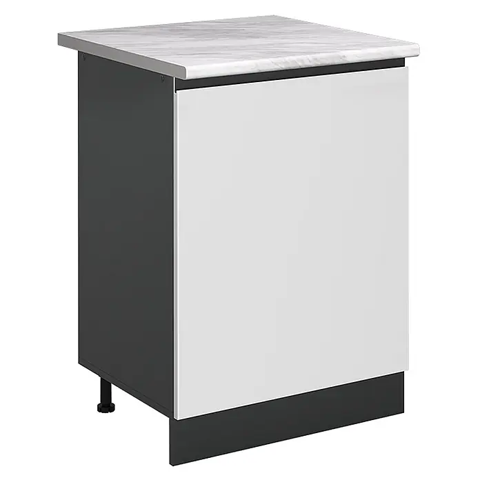 Küchenunterschrank R-Line 60 cm Weiß Art.-Nr. 72049 -  - Weißer Küchenunterschrank mit dunkelgrauem Korpus, Marmor-Optik-Arbeitsplatte und Sockelleiste.