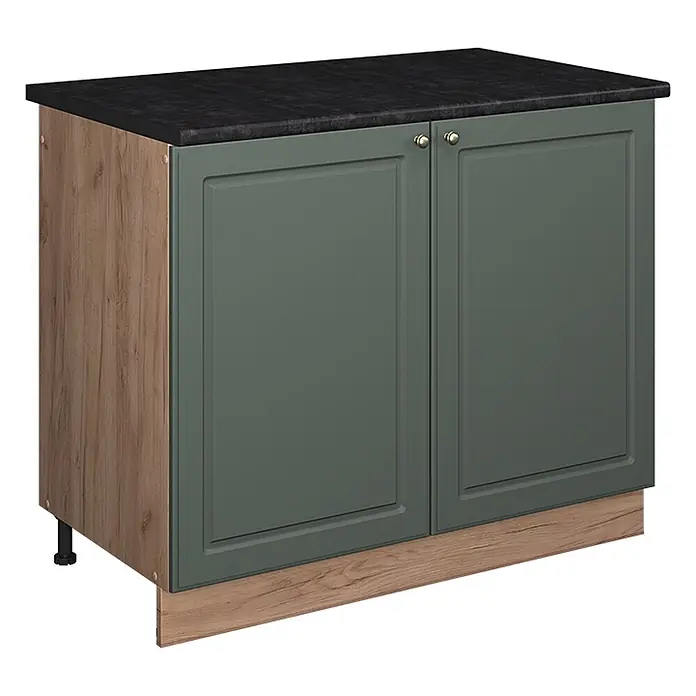 Spülenunterschrank Fame-Line 100 cm Grün-Gold Landhaus Art.-Nr. 61965 -  - Dunkelgrüner Küchenunterschrank mit Holzseiten, dunkler Arbeitsplatte und Messingknöpfen.