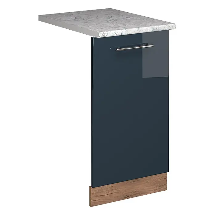 Geschirrspülblende Fame-Line 45 cm Dunkelblau Hochglanz Art.-Nr. 54798 -  - Marineblau glänzendes Kücheninsel-Endpanel mit Marmor-Arbeitsplatte, silbernem Griff und Holzsockel.