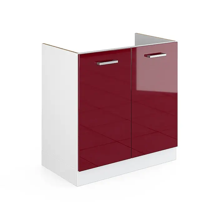 Küchenfront R-Line 79.2 cm Rot Hochglanz Art.-Nr. 41233 -  - Weißer Unterschrank mit glänzenden dunkelroten Türen und silbernen Griffen, für ein Waschbecken konzipiert.