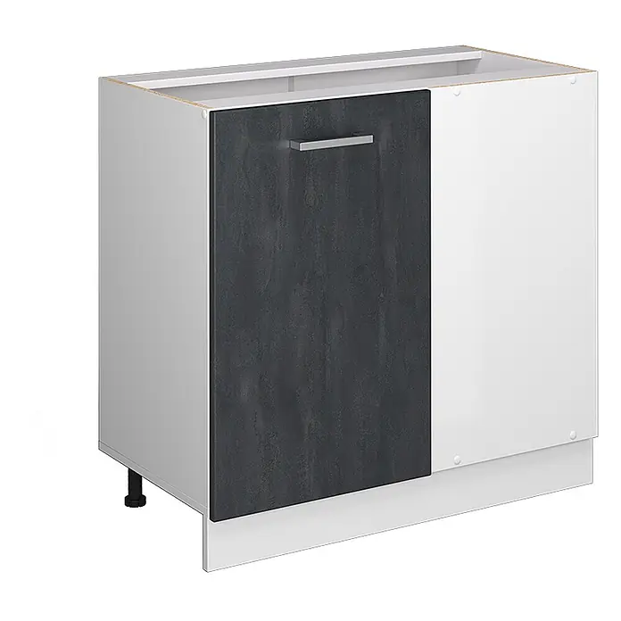 Küchenfront R-Line 39.6 cm Schwarz Beton Art.-Nr. 42836 -  - Weißer Küchenunterschrank mit dunkelgrauer Strukturtür, silbernem Griff und weißer Seitenblende. Mit verstellbaren Füßen.