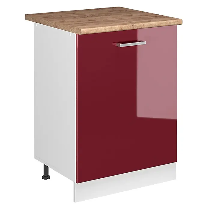 Küchenunterschrank R-Line 60 cm Rot Hochglanz Art.-Nr. 72124 -  - Küchenunterschrank mit Eiche-Effekt-Arbeitsplatte, weißer Seitenwand und glänzender roter Tür mit silbernem Griff.