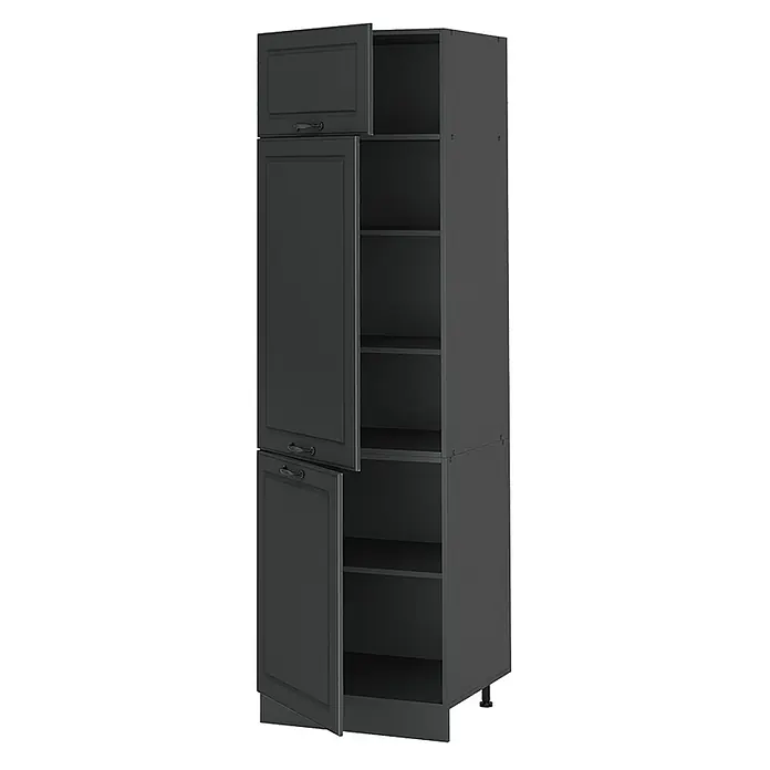 Vorratsschrank R-Line 60 cm Anthrazit Landhaus Art.-Nr. 63188 -  - Hoher dunkelgrauer Schrank mit klassischen Kassettentüren, teilweise geöffnet, um Regale zu zeigen.