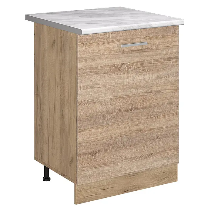 Küchenunterschrank R-Line 60 cm Sonoma Art.-Nr. 72205 -  - Unterschrank in heller Holzoptik mit weißer Marmor-Arbeitsplatte und silbernem Griff.