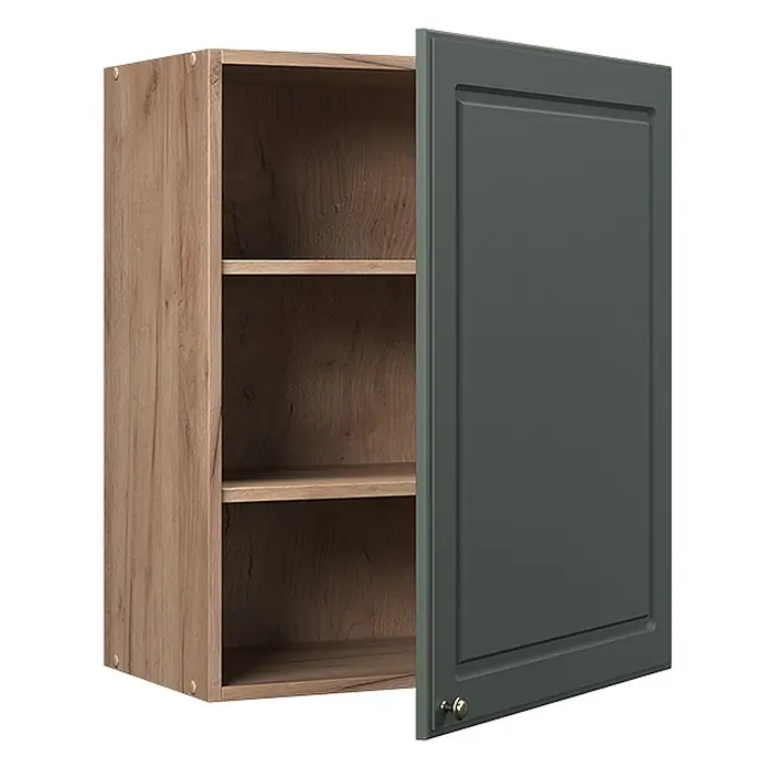 Hängeschrank Fame-Line 60 cm Grün-Gold Landhaus Art.-Nr. 62856 -  - Hängeschrank in heller Holzoptik mit dunkelgrüner, geöffneter Tür, die Einlegeböden zeigt.