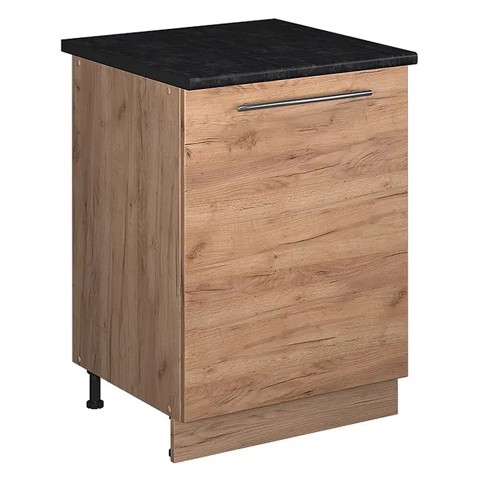 Küchenunterschrank Fame-Line 60 cm Goldkraft Eiche Art.-Nr. 65194 -  - Heller Holzmaserung-Küchenunterschrank mit schwarzer Arbeitsplatte, silbernem Griff und schwarzen Stellfüßen.