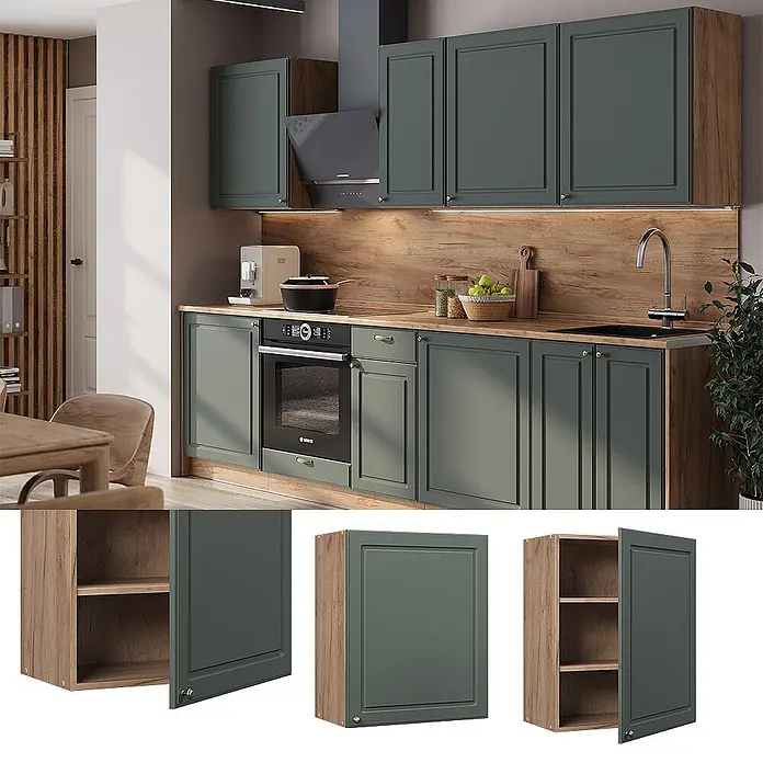 Hängeschrank Fame-Line 60 cm Grün-Gold Landhaus Art.-Nr. 62856 -  - Moderne Küche mit dunkelgrünen Schranktüren, Messinggriffen und Holzoptik-Paneelen, inklusive integriertem Backofen und Spüle.