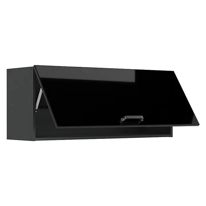 Hängeschrank R-Line 100 cm Schwarz Hochglanz Art.-Nr. 63168 -  - Schwarzer Hochglanz-Hängeschrank mit geöffneter Tür, Gasdruckfeder und Griff.