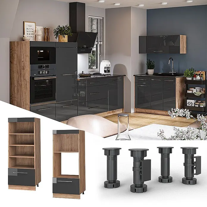 Vorratsschrank Fame-Line 60 cm Anthrazit Hochglanz Art.-Nr. 62232 -  - Modernes modulares Küchensystem mit dunkelgrauen Hochglanzfronten und warmen Holzakzenten, gezeigt mit Schrankmodulen und verstellbaren Füßen.