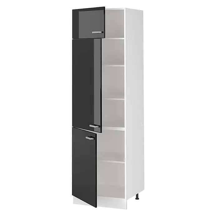 Vorratsschrank R-Line 60 cm Schwarz Hochglanz Art.-Nr. 63181 -  - Hoher Stauraumschrank mit schwarzen Hochglanztüren, einige teilweise geöffnet, die weiße Regalböden zeigen.