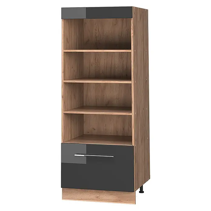 Vorratsschrank Fame-Line 60 cm Anthrazit Hochglanz Art.-Nr. 62232 -  - Holzfarbenes Bücherregal mit dunkelgrauem oberen Rand und dunkelgrauer Schublade unten, mit offenen Fächern.