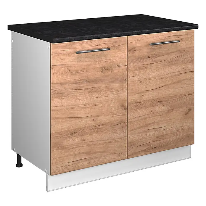 Spülenunterschrank Fame-Line 100 cm Goldkraft Eiche Art.-Nr. 61908 -  - Küchenunterschrank mit schwarzer Arbeitsplatte, zwei hellen Holztüren mit Metallgriffen und weißen Seiten und Sockel.