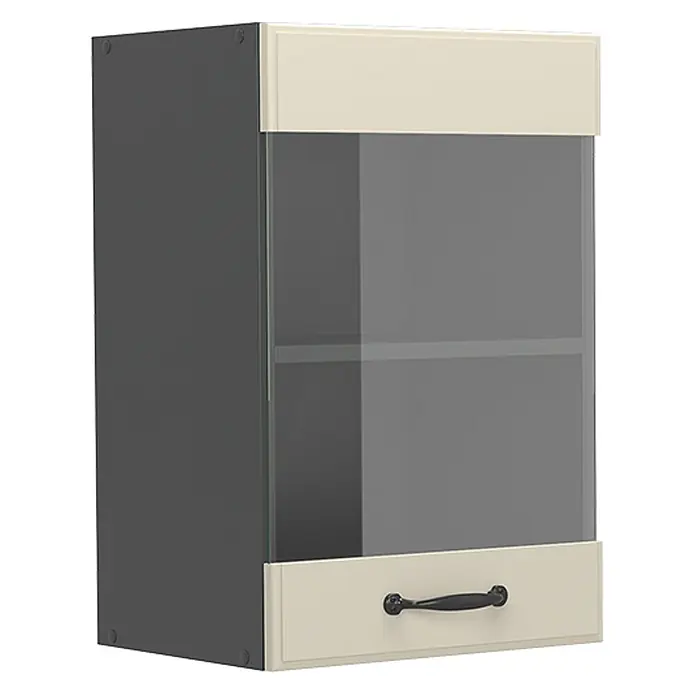 Glashängeschrank R-Line 40 cm Sand Landhaus Art.-Nr. 71173 -  - Wandhängender Küchenschrank mit beigem Rahmen, dunkelgrauem Korpus und Glastür mit schwarzem Griff.