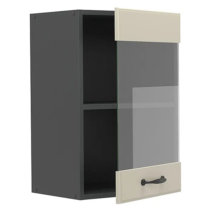 Glashängeschrank R-Line 40 cm Sand Landhaus Art.-Nr. 71173 -  - Dunkelgrauer Wandschrank mit teiloffener beige-gläserner Tür und schwarzem Griff.