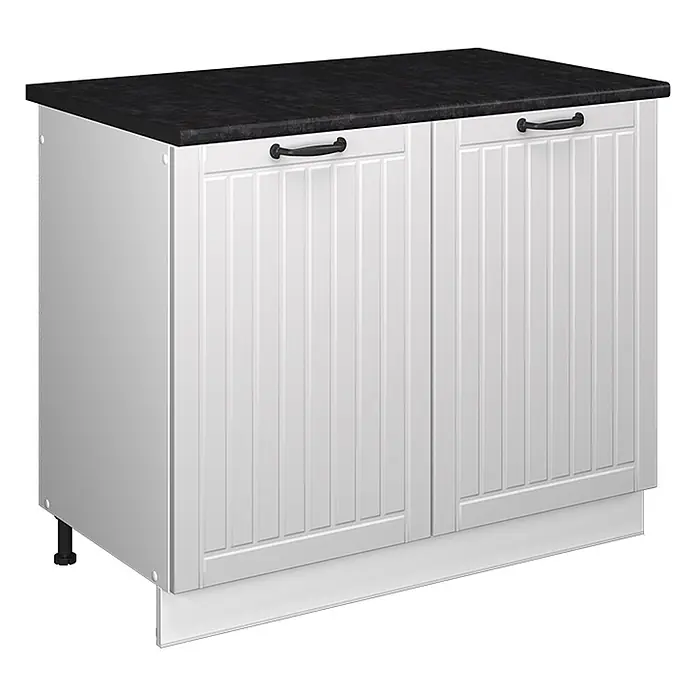 Spülenunterschrank Fame-Line 100 cm Weiß Landhaus Art.-Nr. 61923 -  - Weißer Küchenunterschrank mit zwei lamellierten Türen, schwarzen Griffen und schwarzer Arbeitsplatte. Mit weißer Sockelblende und verstellbaren Füßen.
