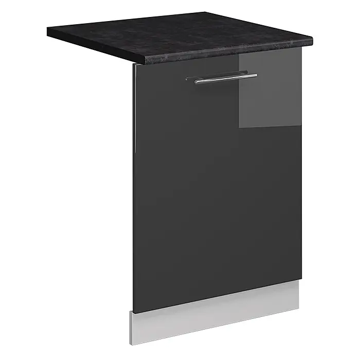 Geschirrspülblende Fame-Line 60 cm Anthrazit Hochglanz Art.-Nr. 54834 -  - Hochglänzender Küchenunterschrank in Dunkelgrau mit schwarzer Arbeitsplatte, silbernem Griff und Sockel.