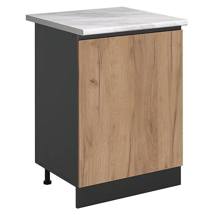 Küchenunterschrank R-Line 60 cm Goldkraft Eiche Art.-Nr. 72041 -  - Küchenunterschrank mit heller Marmor-Arbeitsplatte, dunkelgrauem Korpus und hellbrauner Holztür mit dunkler Sockelleiste.