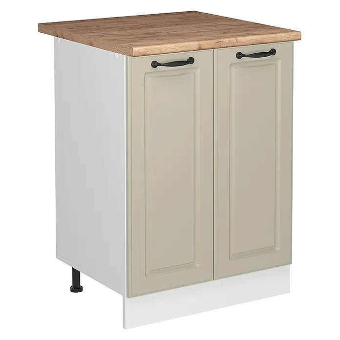 Küchenunterschrank R-Line 60 cm Sand Landhaus Art.-Nr. 71198 -  - Zweitüriger Küchenunterschrank mit hellbeigen Türen, schwarzen Griffen und einer Arbeitsplatte in Holzoptik.
