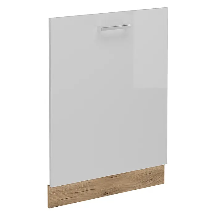 Geschirrspülblende R-Line 60 cm Weiß Hochglanz Art.-Nr. 54462 -  - Weiße Hochglanz-Schranktür mit horizontalem Metallgriff und heller Holzoptik-Sockelblende.